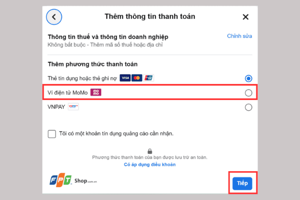 Cài đặt thanh toán quảng cáo Facebook bằng MoMo