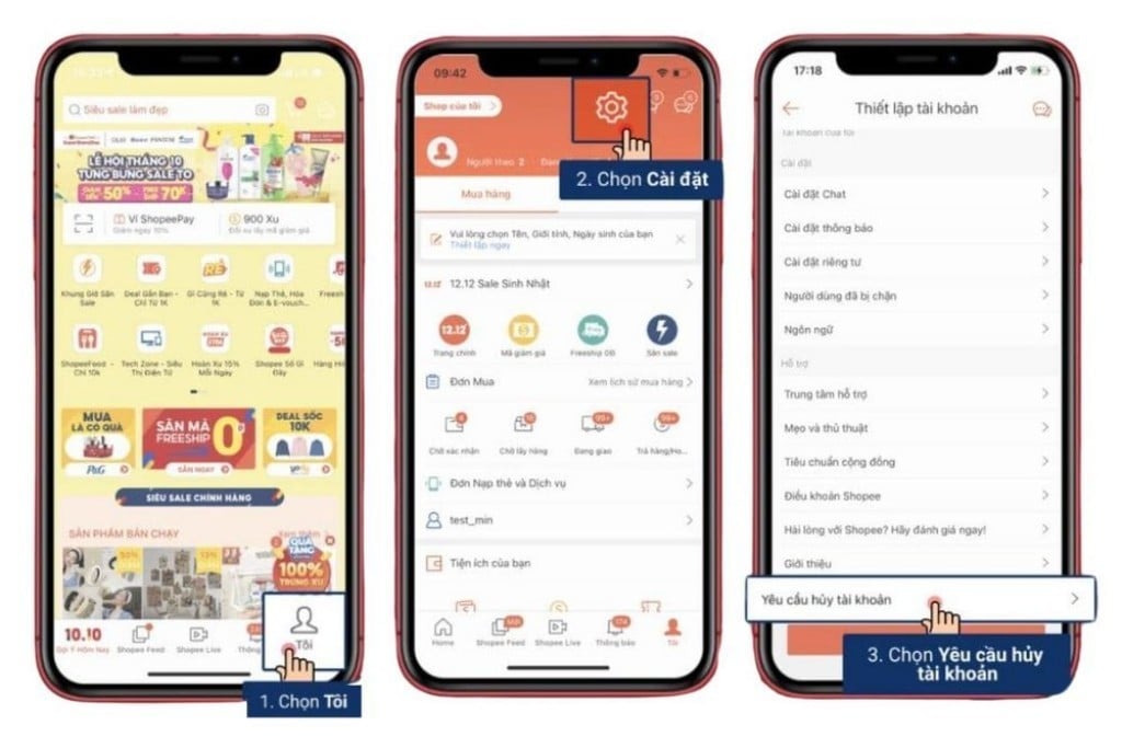 Thao tác truy cập và yêu cầu hủy tài khoản Shopee