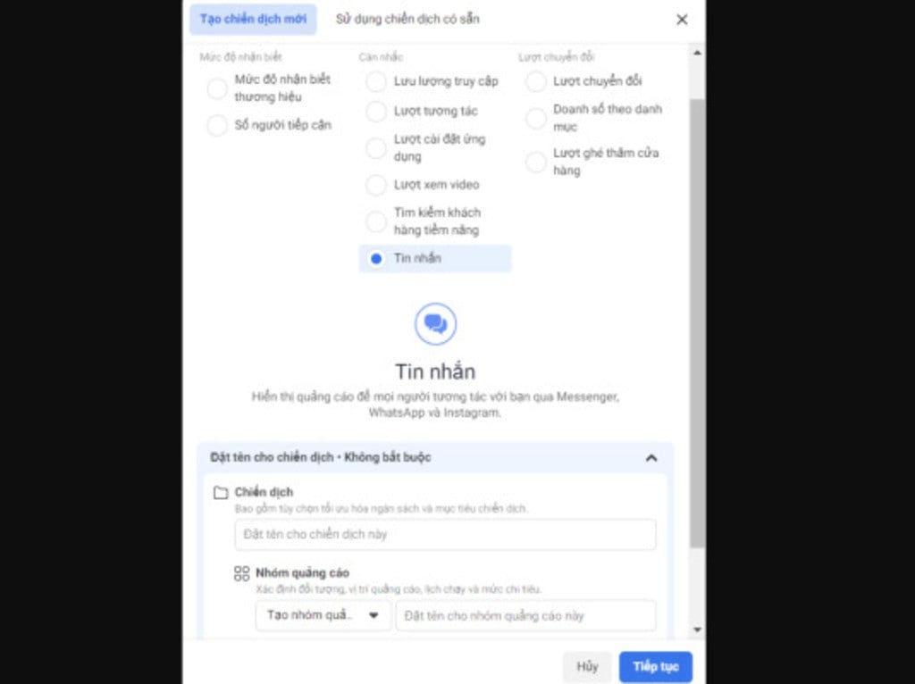Chọn mục tiêu Tin nhắn khi tạo chiến dịch quảng cáo Facebook
