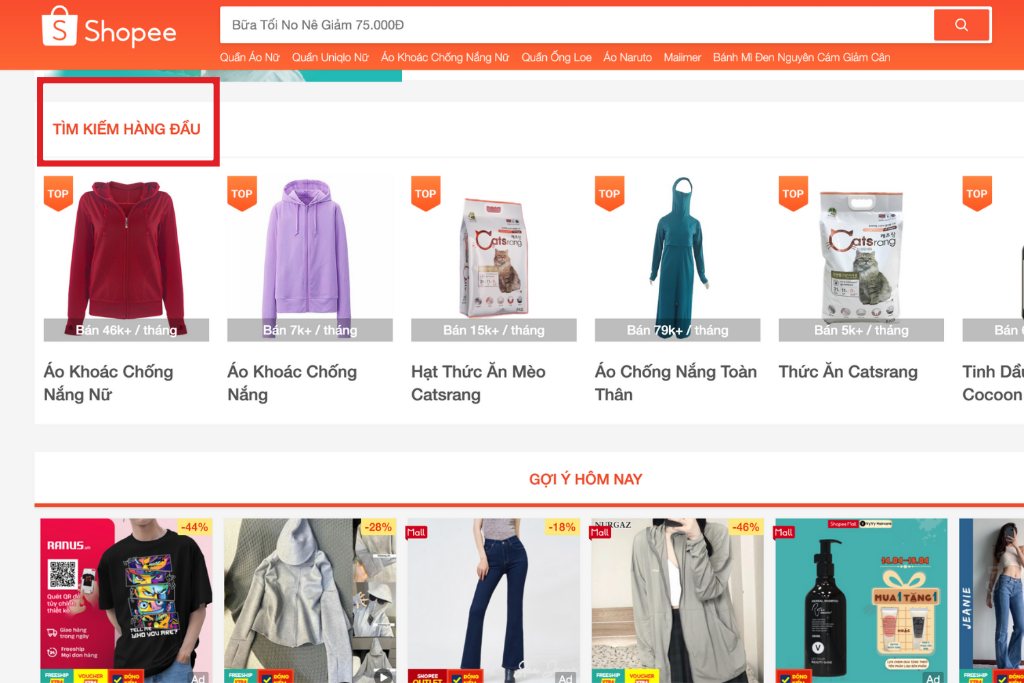 Chọn sản phẩm đề xuất khi thiết lập đấu thầu từ khóa Shopee