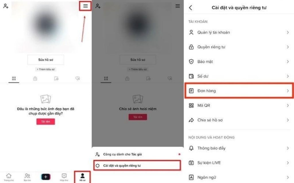 Cách tra cứu đơn hàng TikTok Shop trên app qua mục Hồ sơ