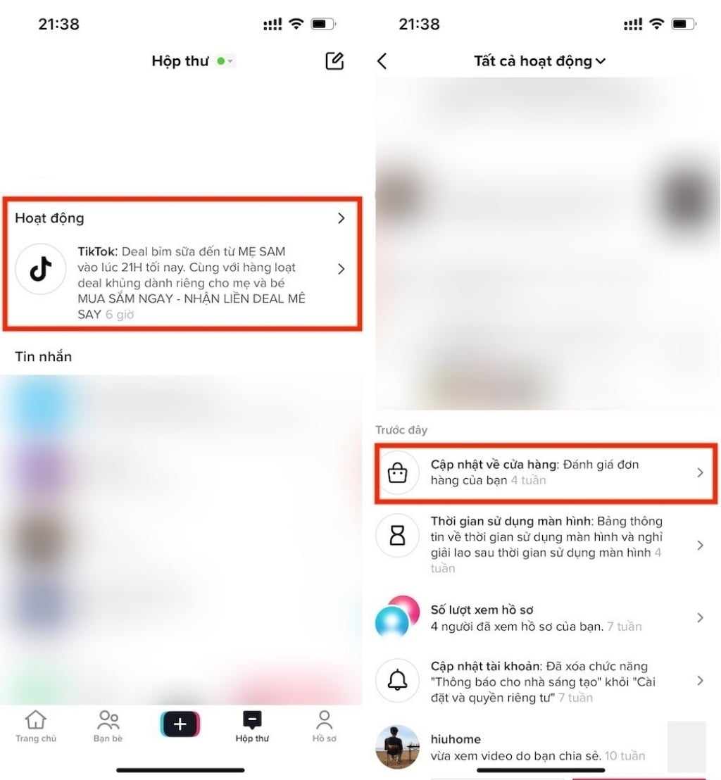 Cách tra cứu đơn hàng TikTok Shop trên app qua mục Hộp thư