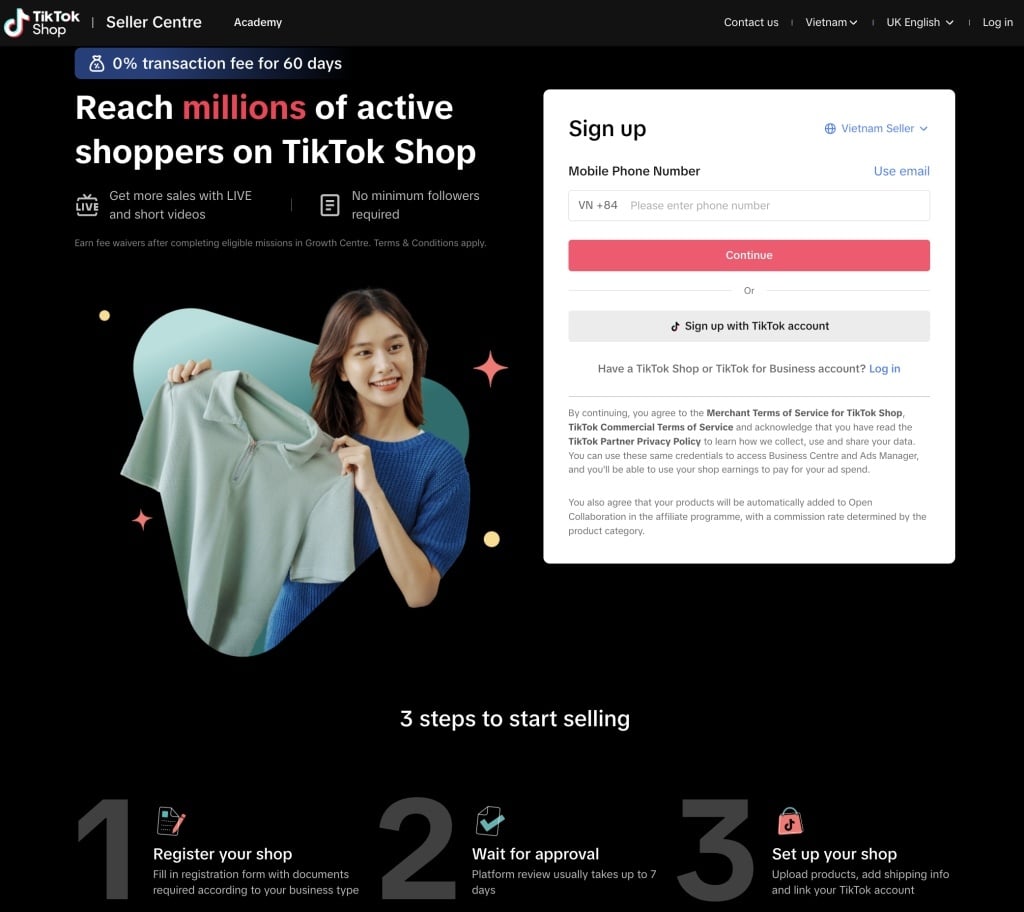 Truy cập Seller Center để thực hiện cách mở TikTok shop khi chưa đủ follow