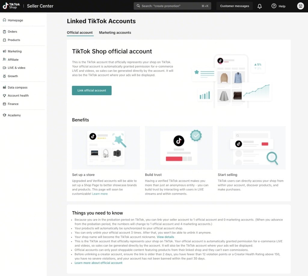 Liên kết tài khoản để hoàn tất cách mở TikTok shop khi chưa đủ follow