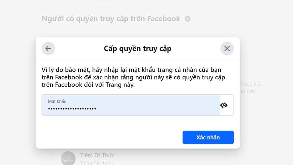 Nhập lại mật khẩu khi thêm người quản lý trang Facebook