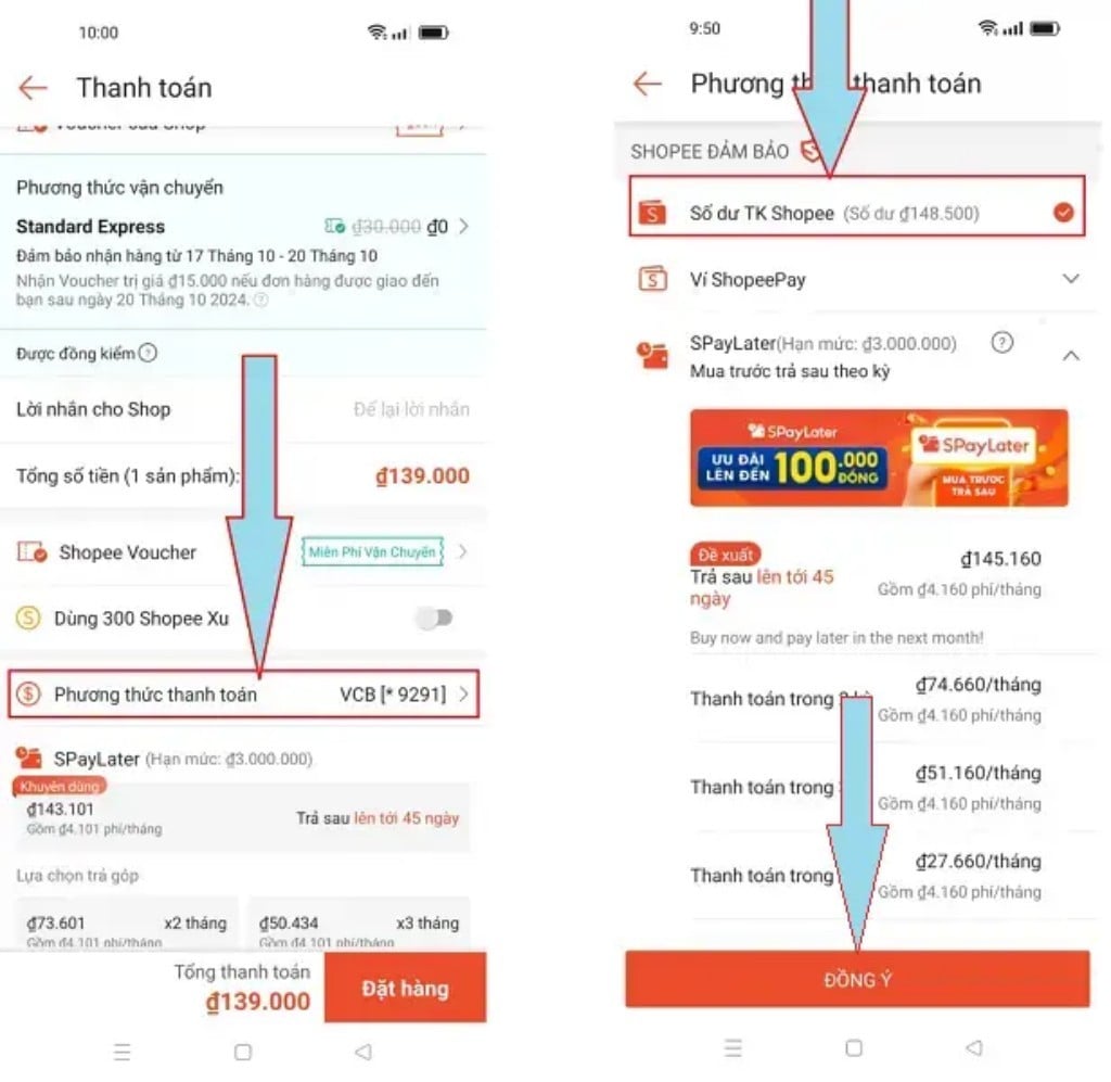 Thanh toán đơn hàng bằng số dư tài khoản Shopee