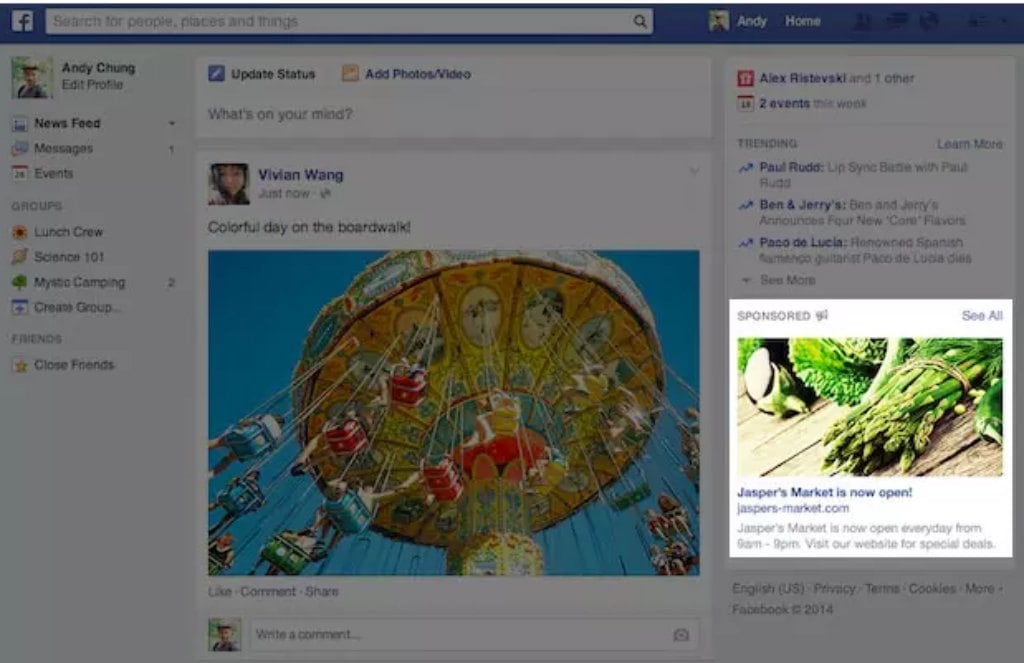 Kích thước banner quảng cáo Facebook hiển thị ở vị trí cột phải giao diện máy tính