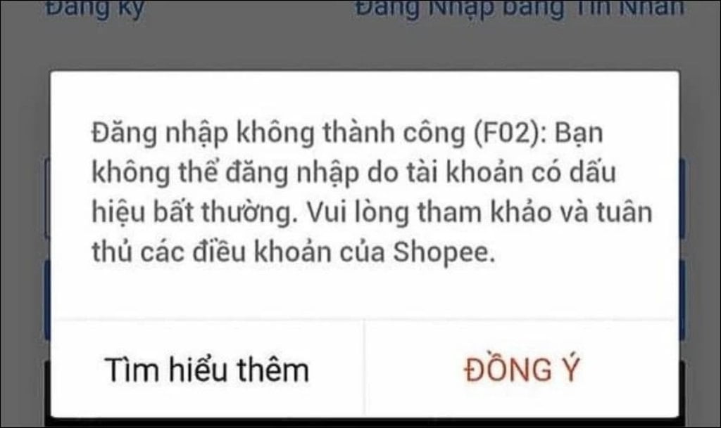 Lỗi tài khoản Shopee bị khóa F02