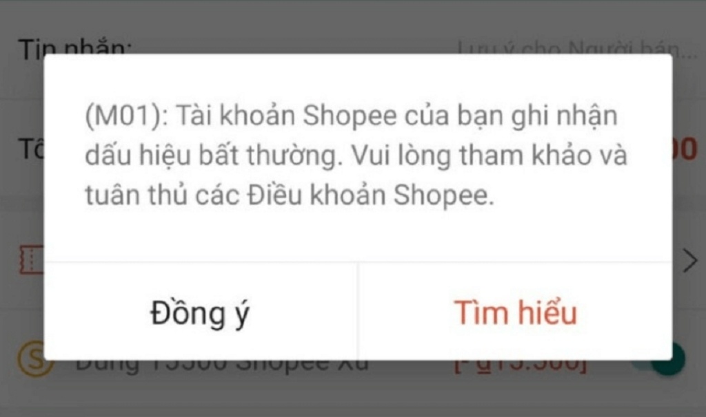 Thông báo lỗi M01 trên Shopee