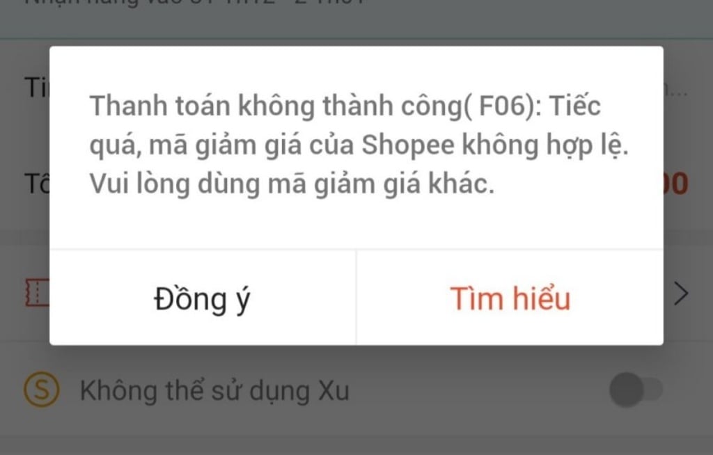 Shopee cảnh báo lỗi F06 nếu có vấn đề về mã khuyến mãi