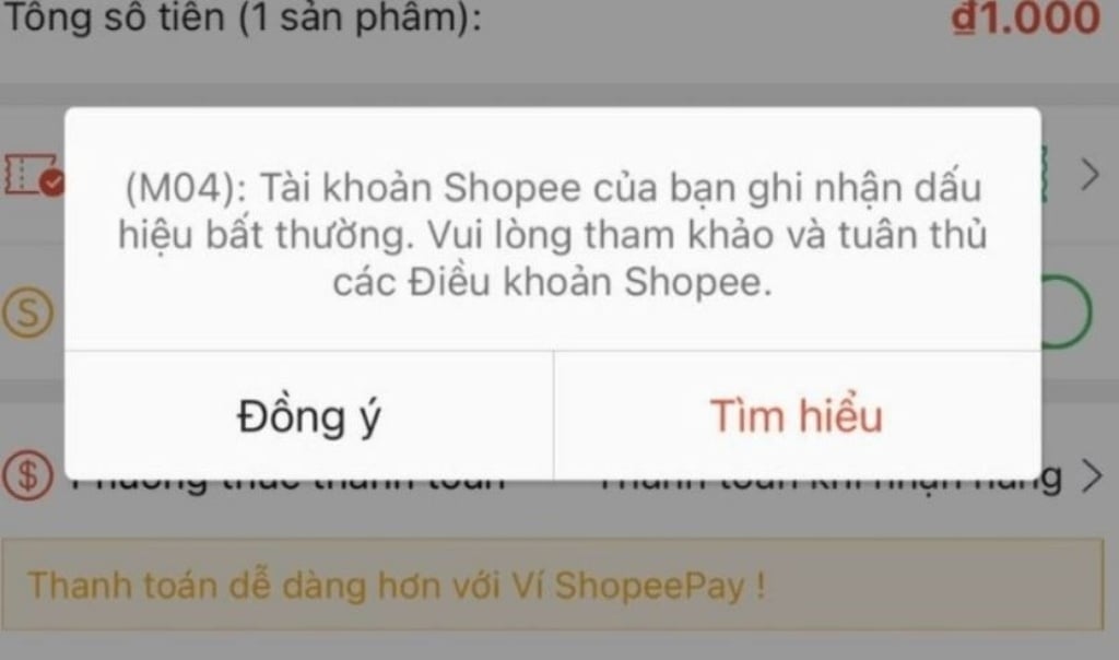 Thông báo lỗi M04 Shopee trên màn hình