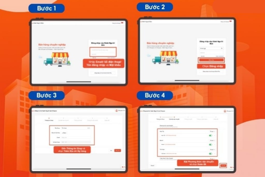 Thao tác đăng nhập và mở gian hàng Shopee bằng máy tính