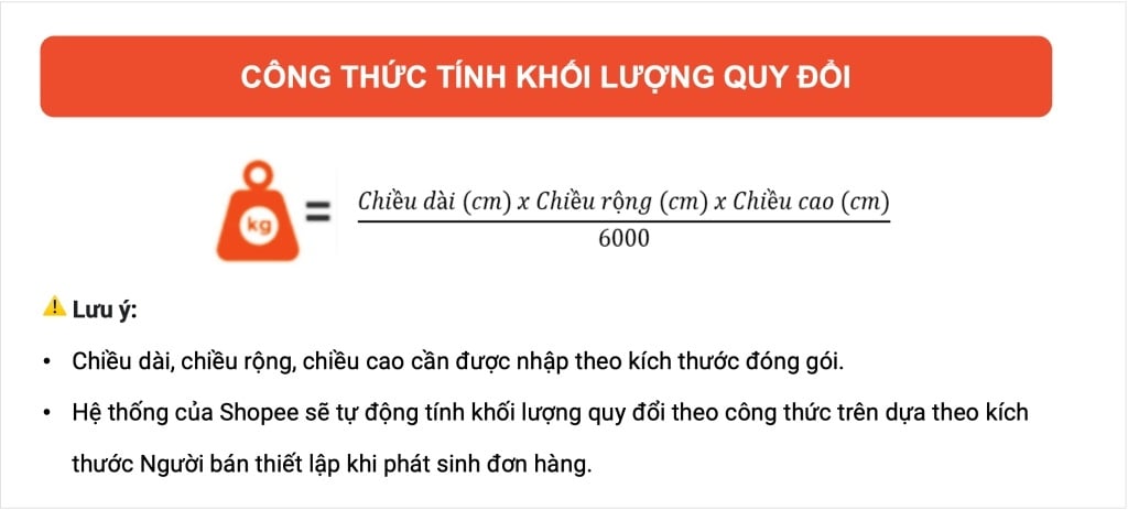 Công thức tính khối lượng quy đổi của kiện hàng Shopee