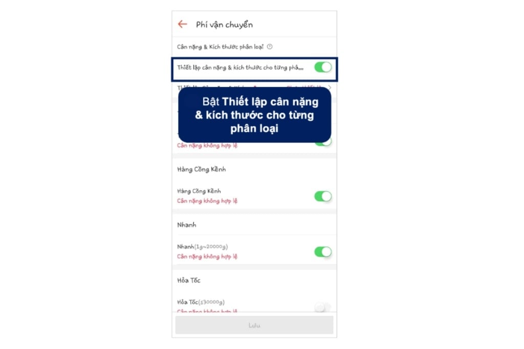 Tính năng thiết lập cho từng phân loại của Shopee