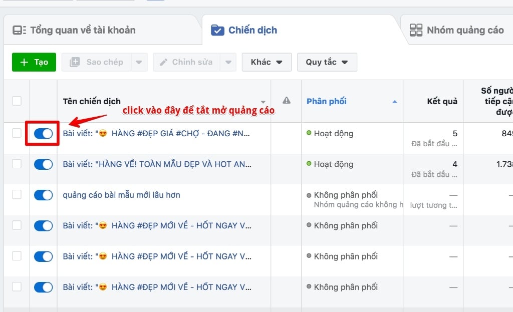 Hướng dẫn cách tắt hoặc bật chiến dịch chạy Ads Facebook