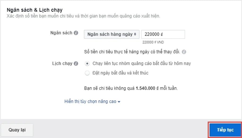 Thiết lập ngân sách và lịch chạy trong trình quản lý quảng cáo Facebook
