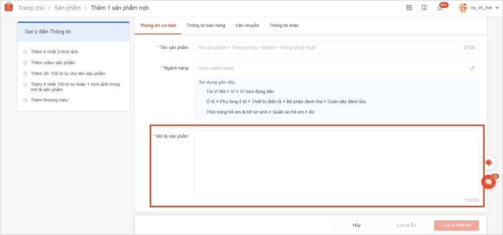Nhập mô tả sản phẩm qua Shopee Seller Center