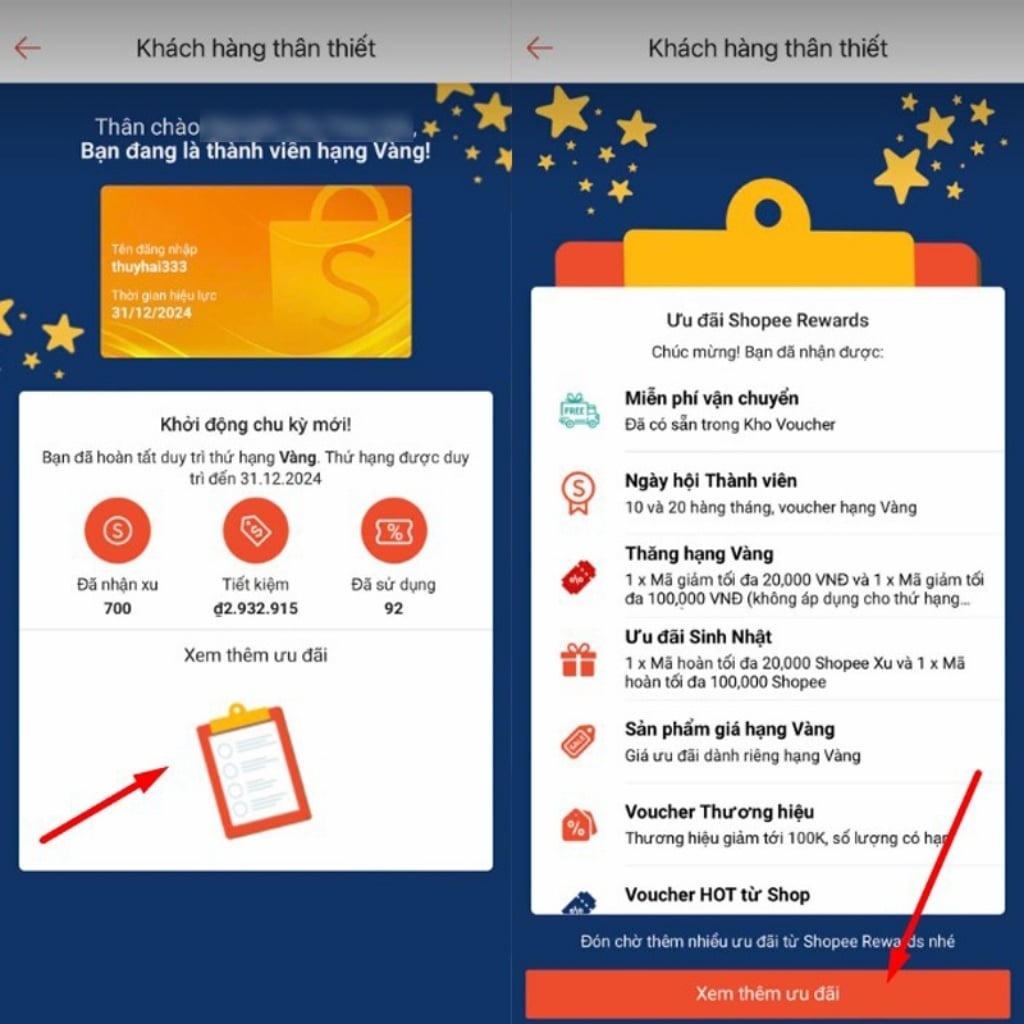 Kiểm tra ưu đãi của hạng thành viên Shopee Rewards