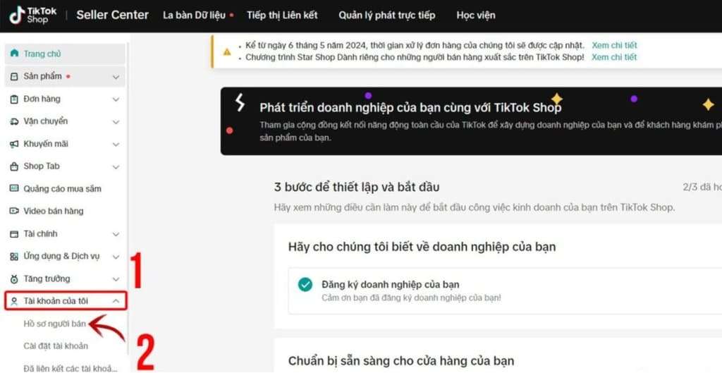 Đến hồ sơ người bán thực hiện cách đổi tên TikTok Shop