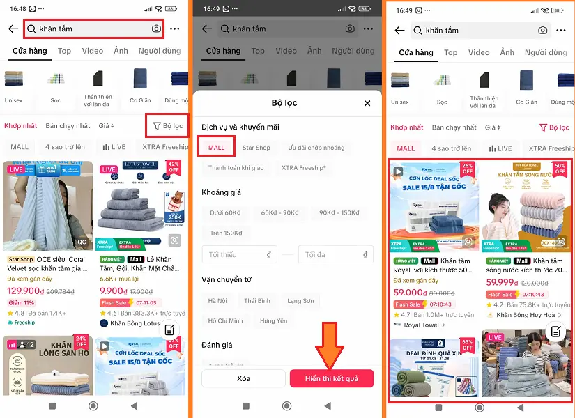 Sử dụng bộ lọc tìm sản phẩm thuộc TikTok Shop Mall