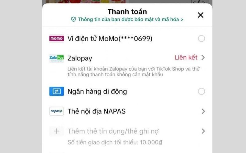Chọn phương thức thanh toán để đăng ký TikTok Shop VIP