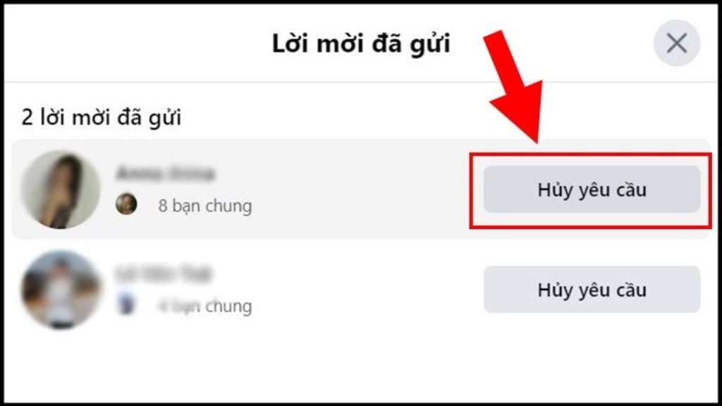 Bấm Hủy yêu cầu để thu hồi lời mời kết bạn Facebook