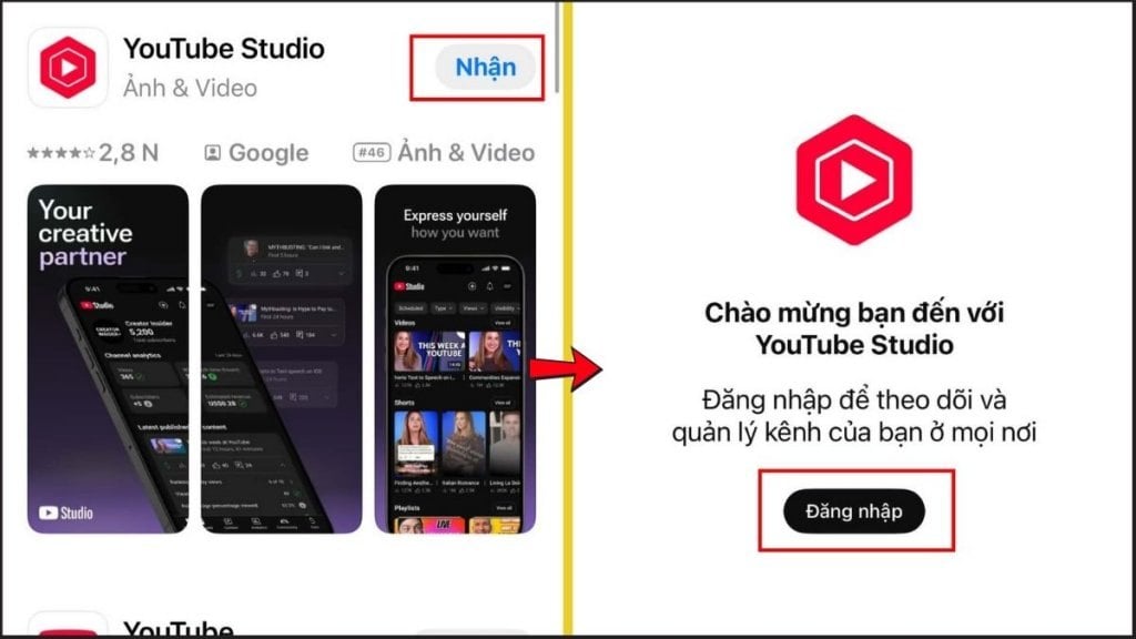 Tải và khởi chạy ứng dụng YouTube Studio trên điện thoại thông minh