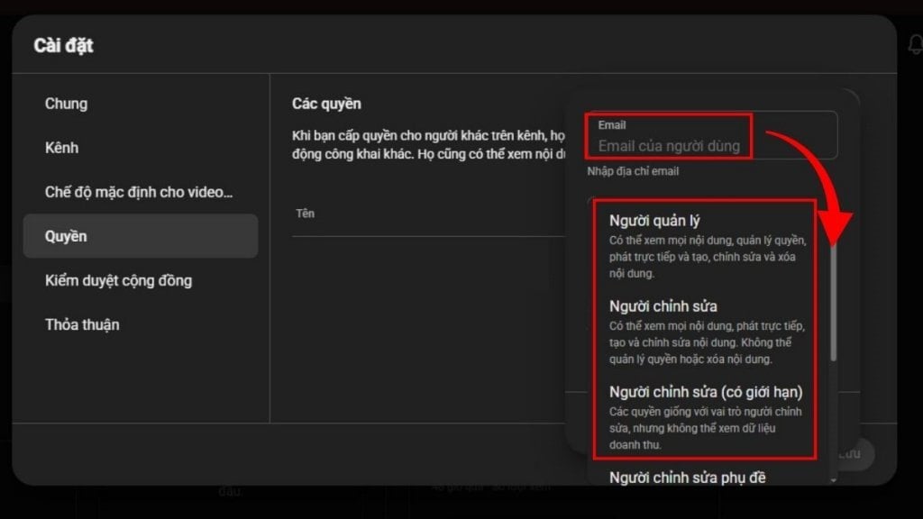Nhập email nhân viên và chọn vai trò phân quyền phù hợp