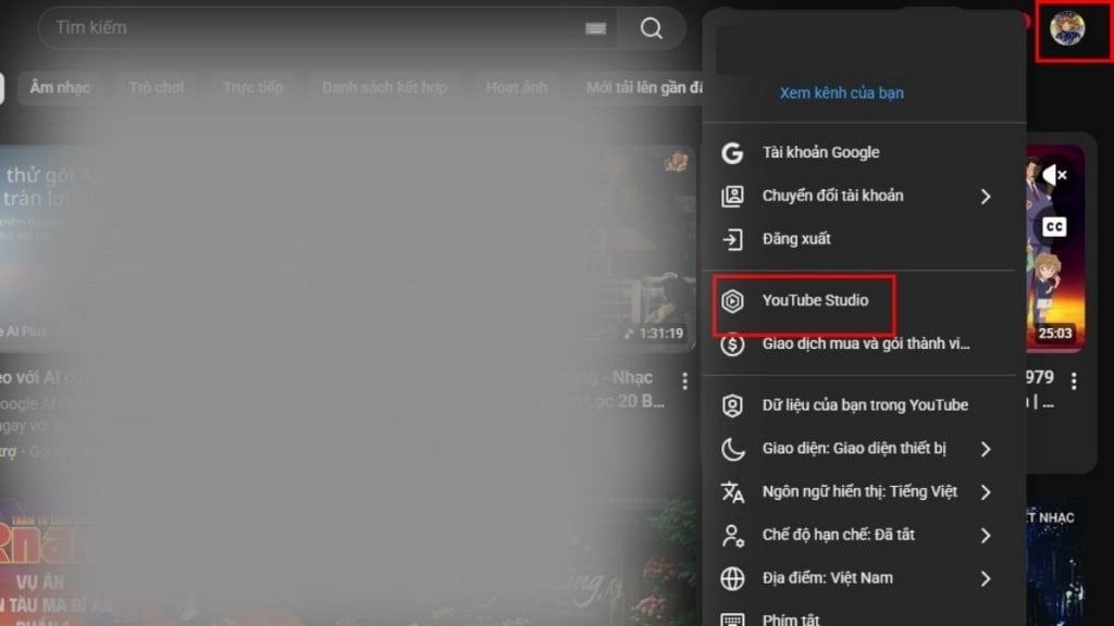 Chọn mục YouTube Studio từ danh sách menu để chuyển đến trang quản trị
