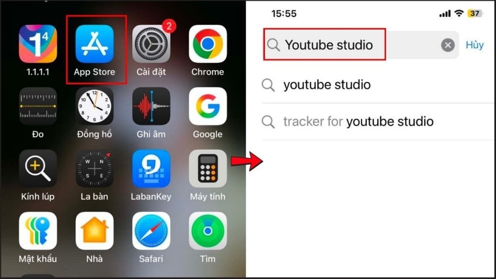 Tìm kiếm từ khóa YouTube Studio trên cửa hàng ứng dụng Google Play hoặc App Store