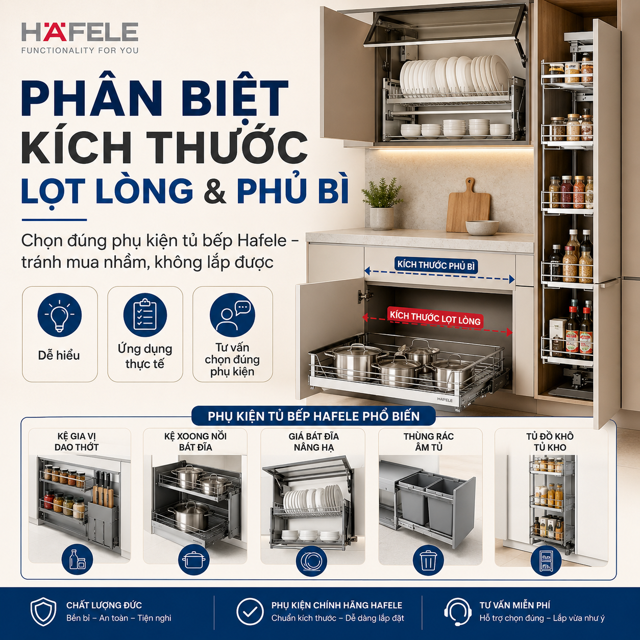 📏 Cách chọn phụ kiện tủ bếp Hafele đúng kích thước: phân biệt kích thước lọt lòng và kích thước phủ bì
