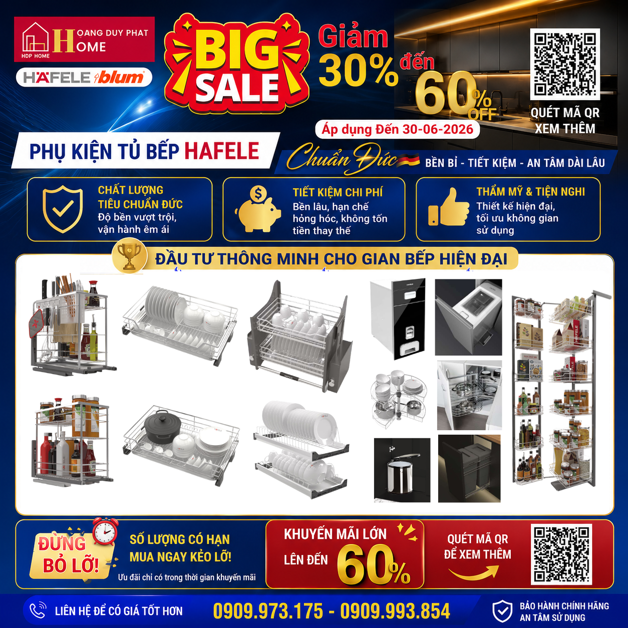 🔥 BIG SALE PHỤ KIỆN TỦ BẾP HAFELE – BLUM 🔥 🎉 Giảm 30% đến 60% – Áp dụng đến 30/06/2026
