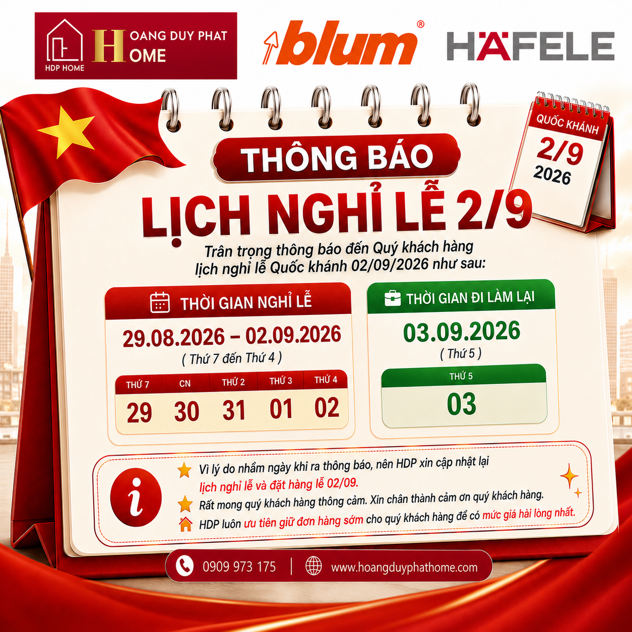📣 **THÔNG BÁO LỊCH ĐẶT HÀNG HÄFELE & NGHỈ LỄ QUỐC KHÁNH 2/9** 🇻🇳✨