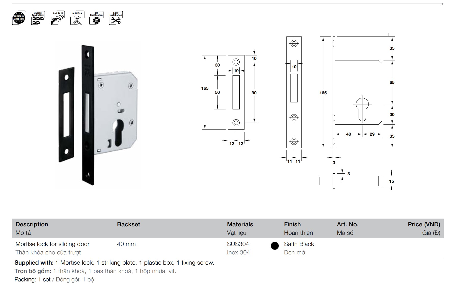 khoá cửa lùa hafele màu đen