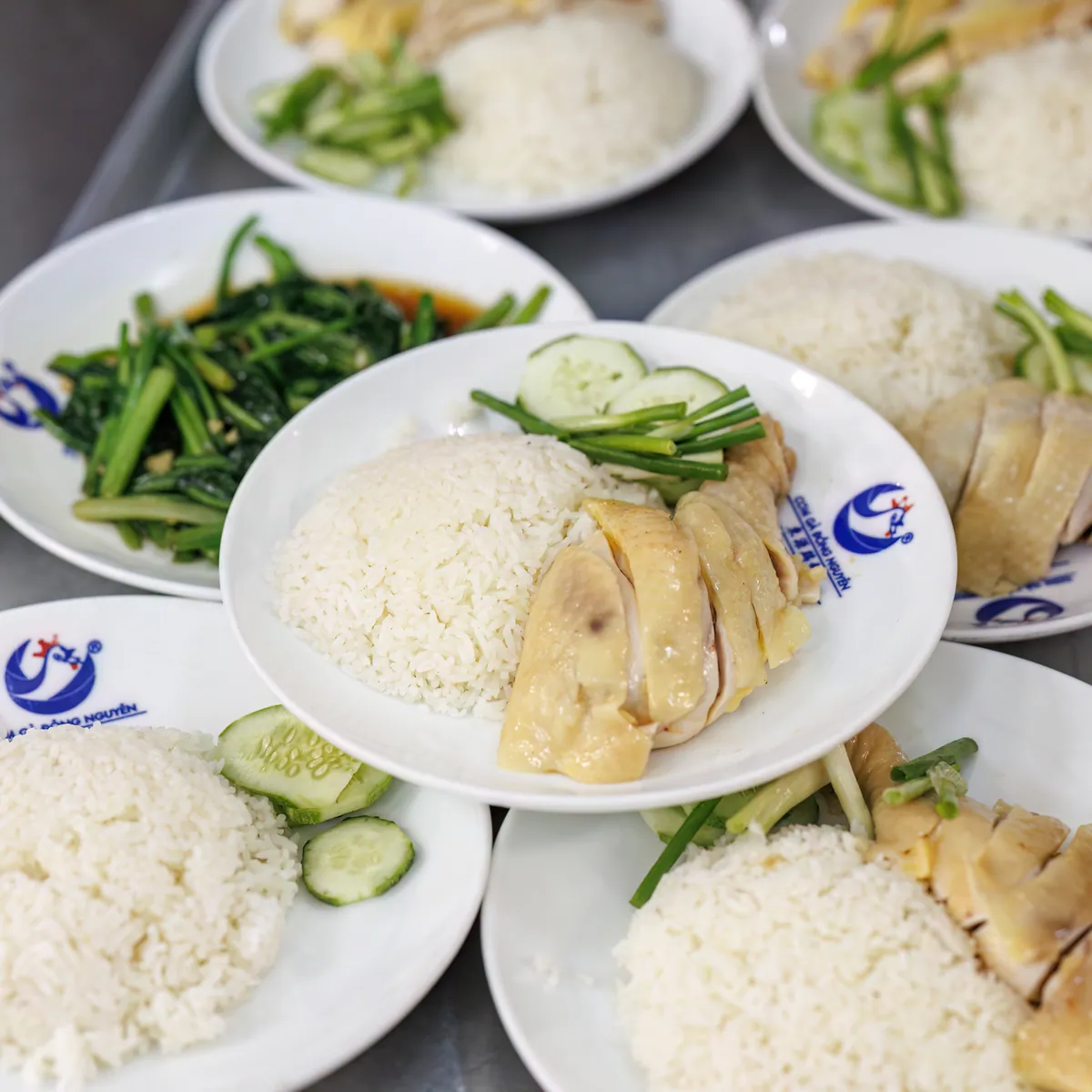Nhiều dĩa cơm gà Đông Nguyên ra cùng lúc, chén cơm giữ cùng một chuẩn