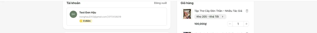 Khung Tài khoản ở đầu trang thanh toán, hiện điểm thưởng hiện có