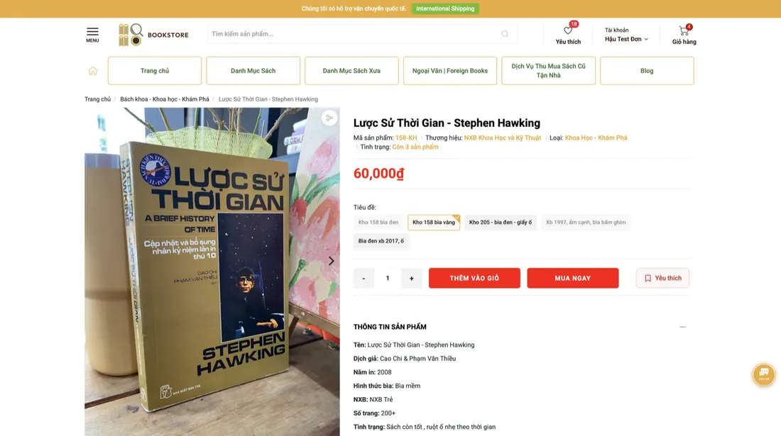 Trang chi tiết sách với các ô lựa chọn và 2 nút thêm giỏ, mua ngay