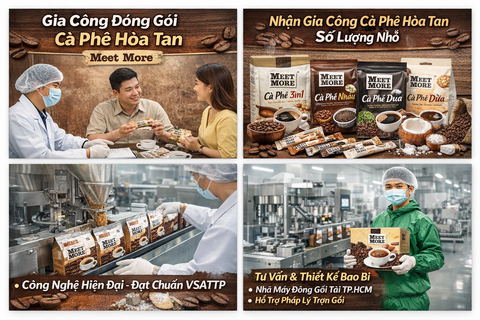 Gia công đóng gói cà phê hòa tan – Giải pháp xây dựng thương hiệu nhanh, tiết kiệm và hiệu quả tại Cà phê Meet More