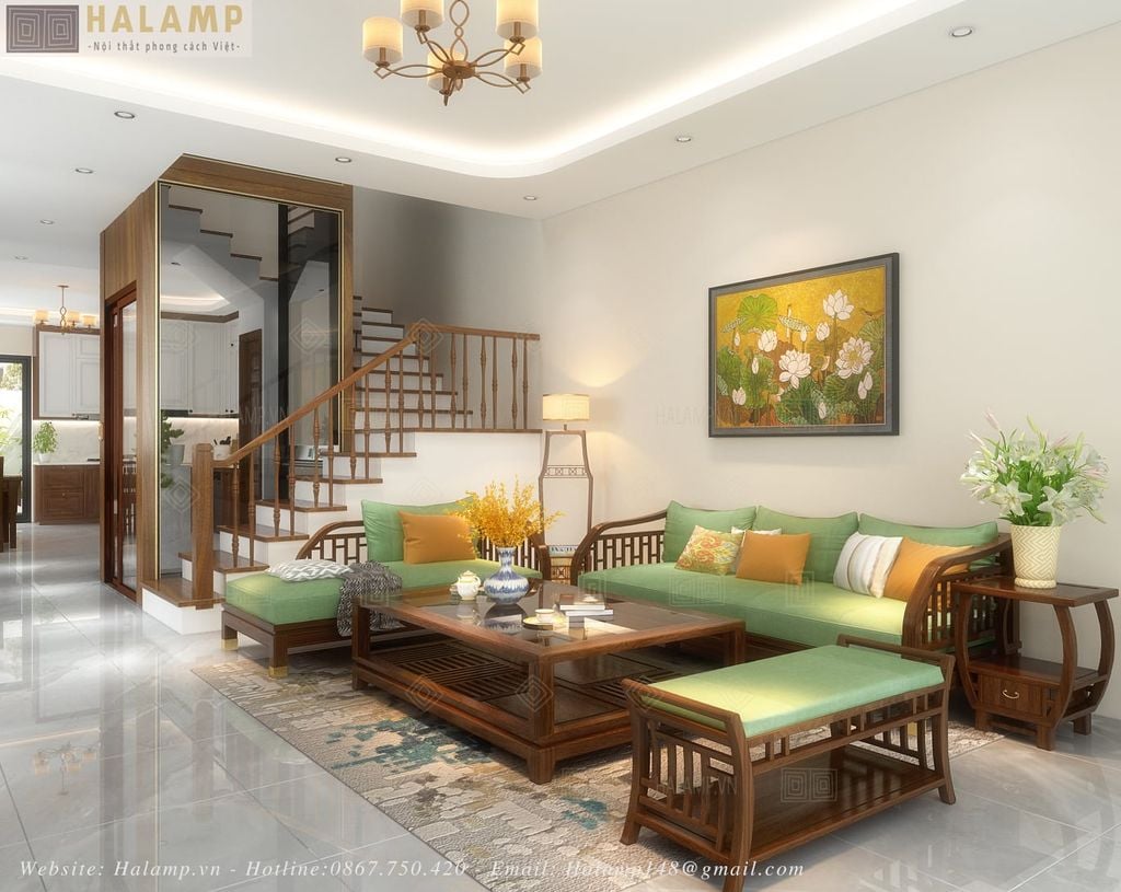 Bộ sofa gỗ Việt trong phòng khách nhà phố