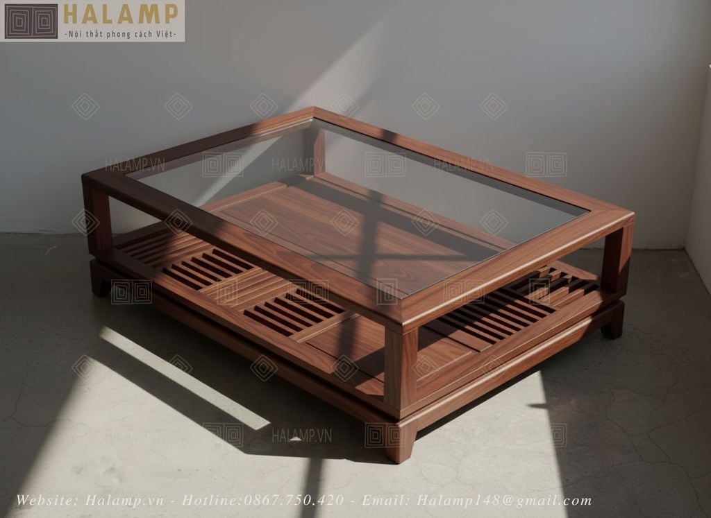 Mẫu bàn trà gỗ tự nhiên hình chữ nhật phong cách Việt - Halamp