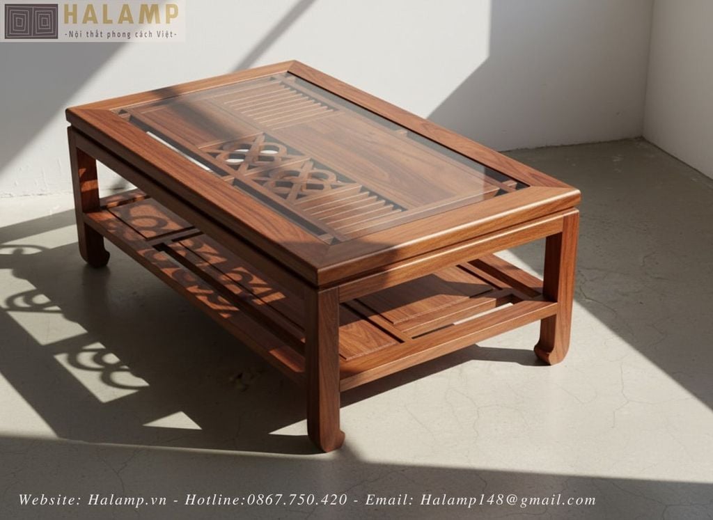 Mẫu bàn trà gỗ tự nhiên hình chữ nhật phong cách Việt - Halamp