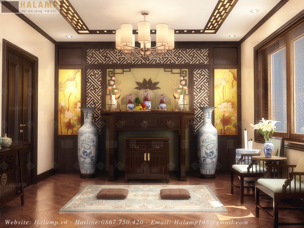 Mẫu bàn thờ gia tiên thiết kế trong không gian phòng thờ