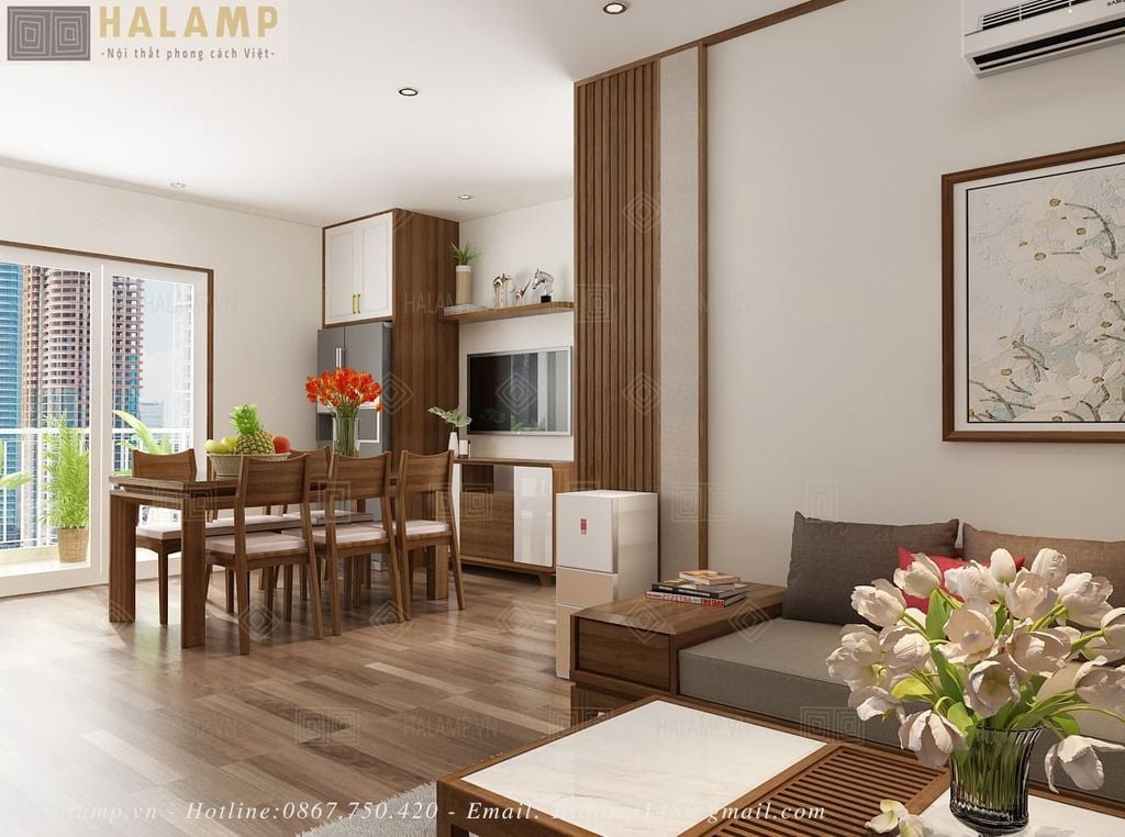 Hình ảnh thiết kế phòng khách & bếp gỗ Sồi