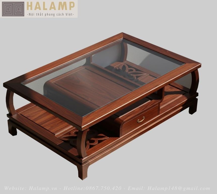 Mẫu bàn trà gỗ tự nhiên hình chữ nhật phong cách Việt - Halamp