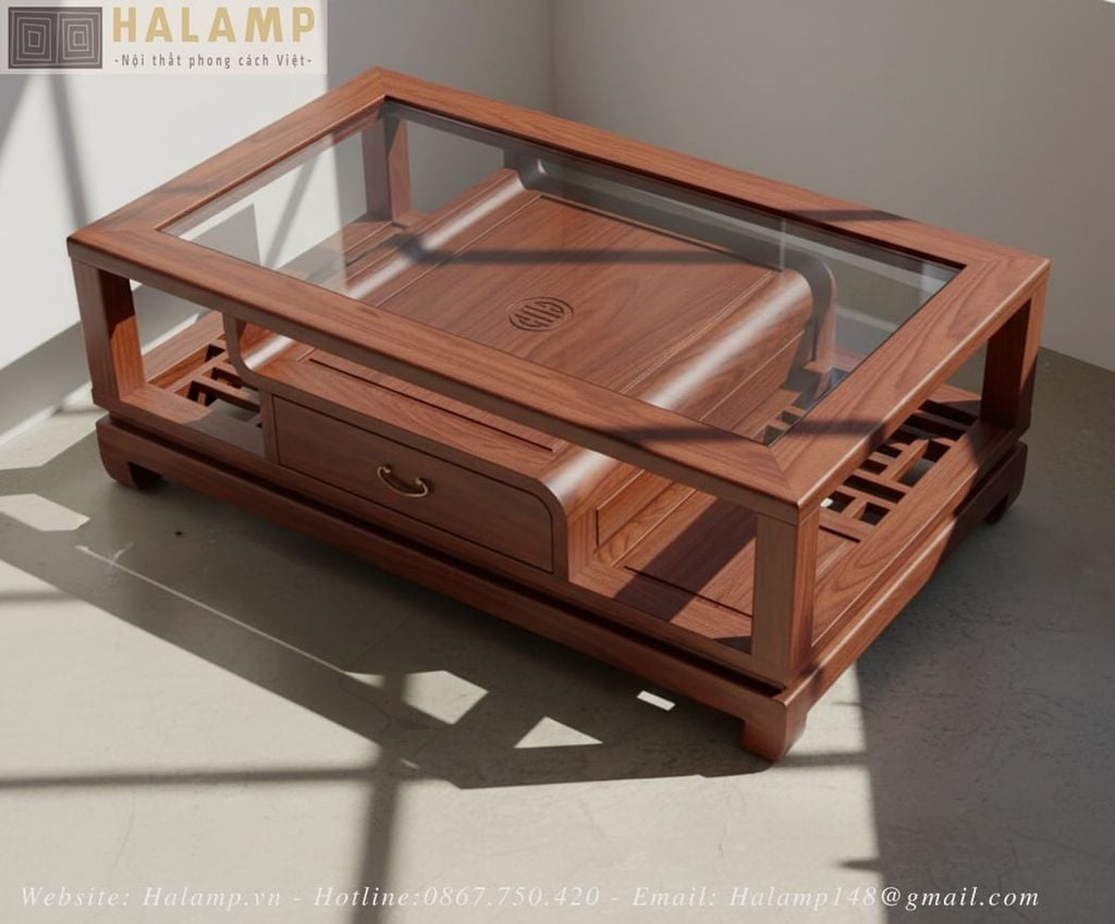 Mẫu bàn trà gỗ tự nhiên hình chữ nhật phong cách Việt - Halamp