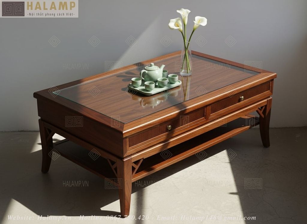 Mẫu bàn trà gỗ tự nhiên hình chữ nhật phong cách Việt - indochine