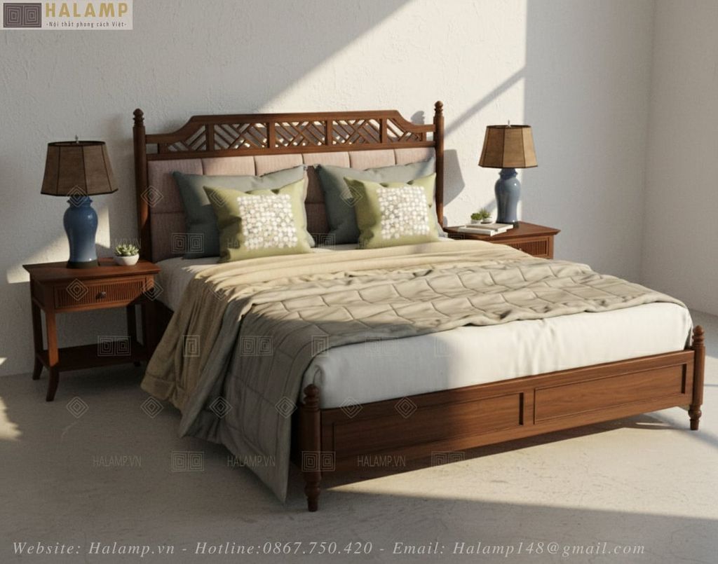 Mẫu giường gỗ tự nhiên bọc đầu giường Halamp