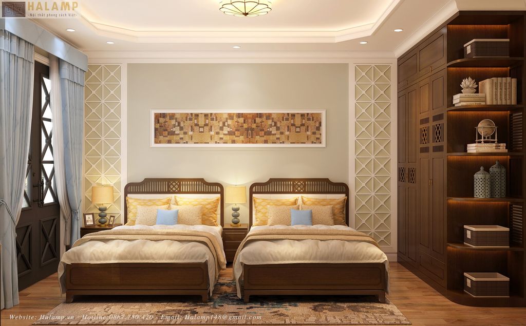 Không gian phòng ngủ đôi 2 giường đơn cho ông bà