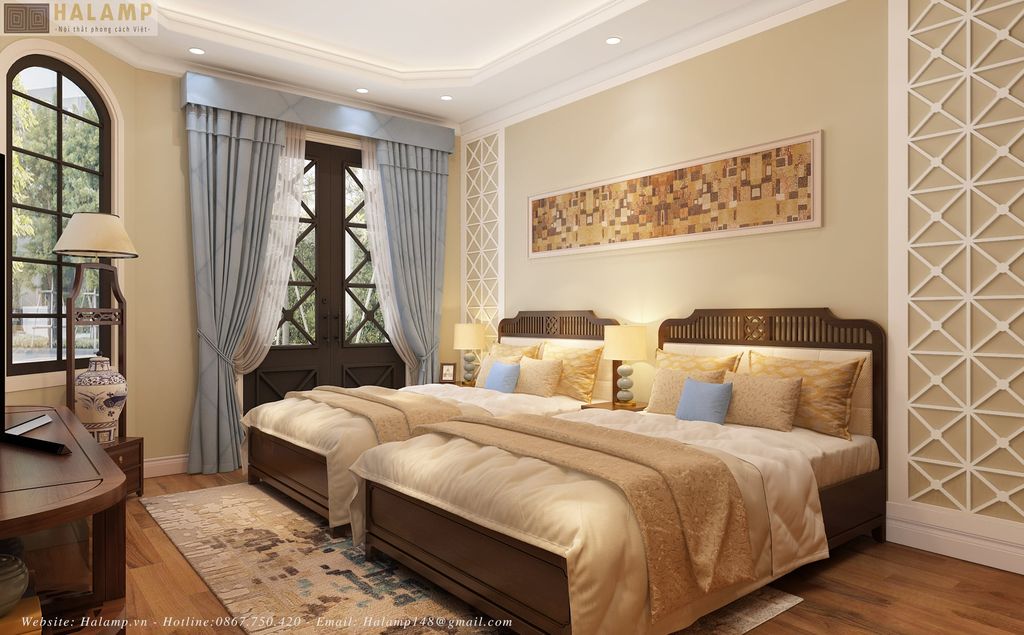 Không gian phòng ngủ đôi 2 giường đơn cho ông bà