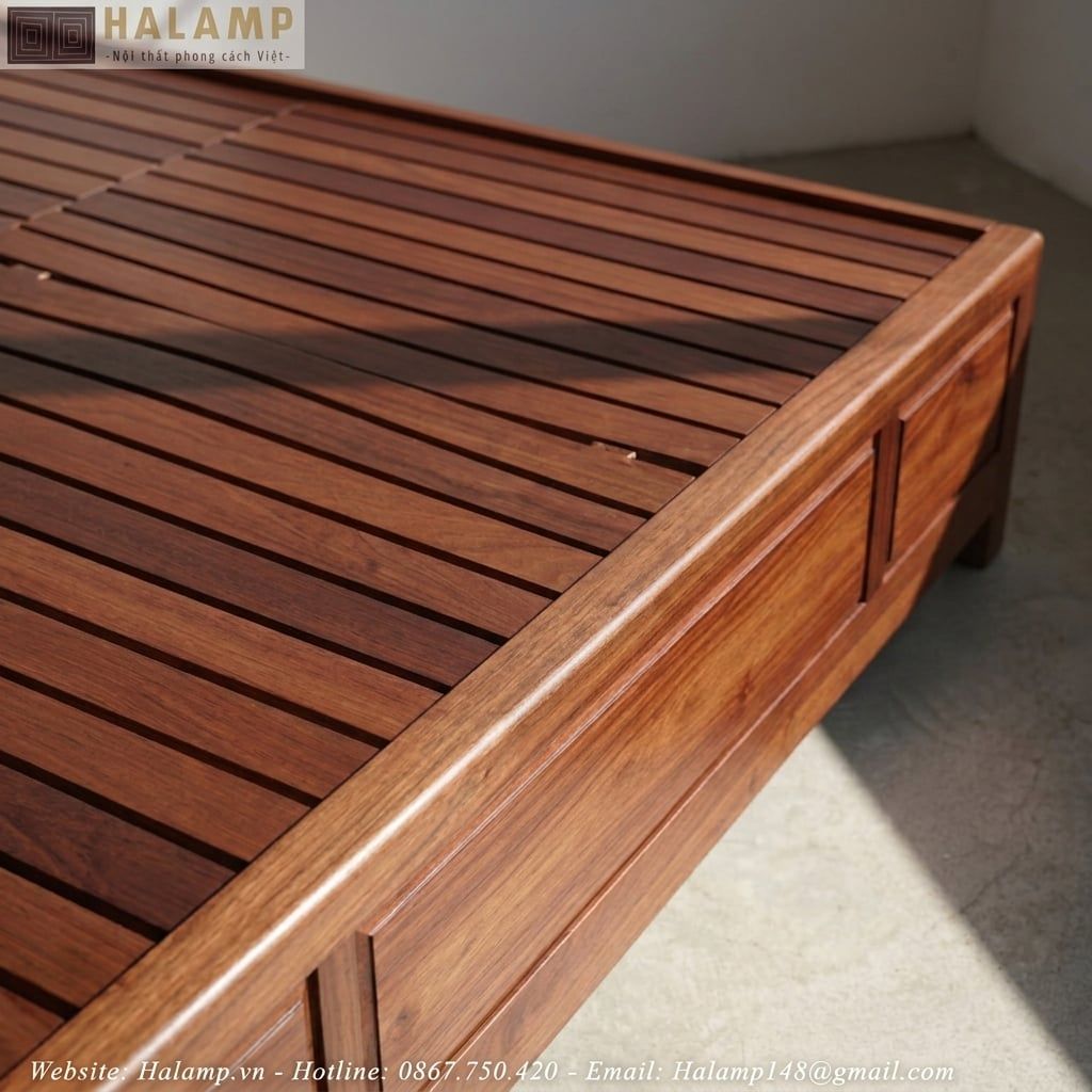 Hình ảnh chi tiết mẫu 2 giường gụ phong cách đông dương